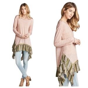 NWOT Boho tribal shark bite hem‎ pink top ruffle bottom lagenlook